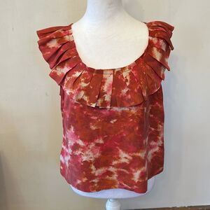 Banana Republic Red & Cream Pleated Ruffle Neck Sleeveless Blouse